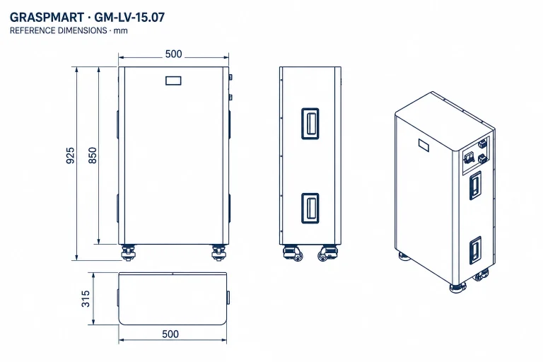 Graspmart 15.07 kWh floor-standing battery dimensions 925 by 500 by 315 millimetres