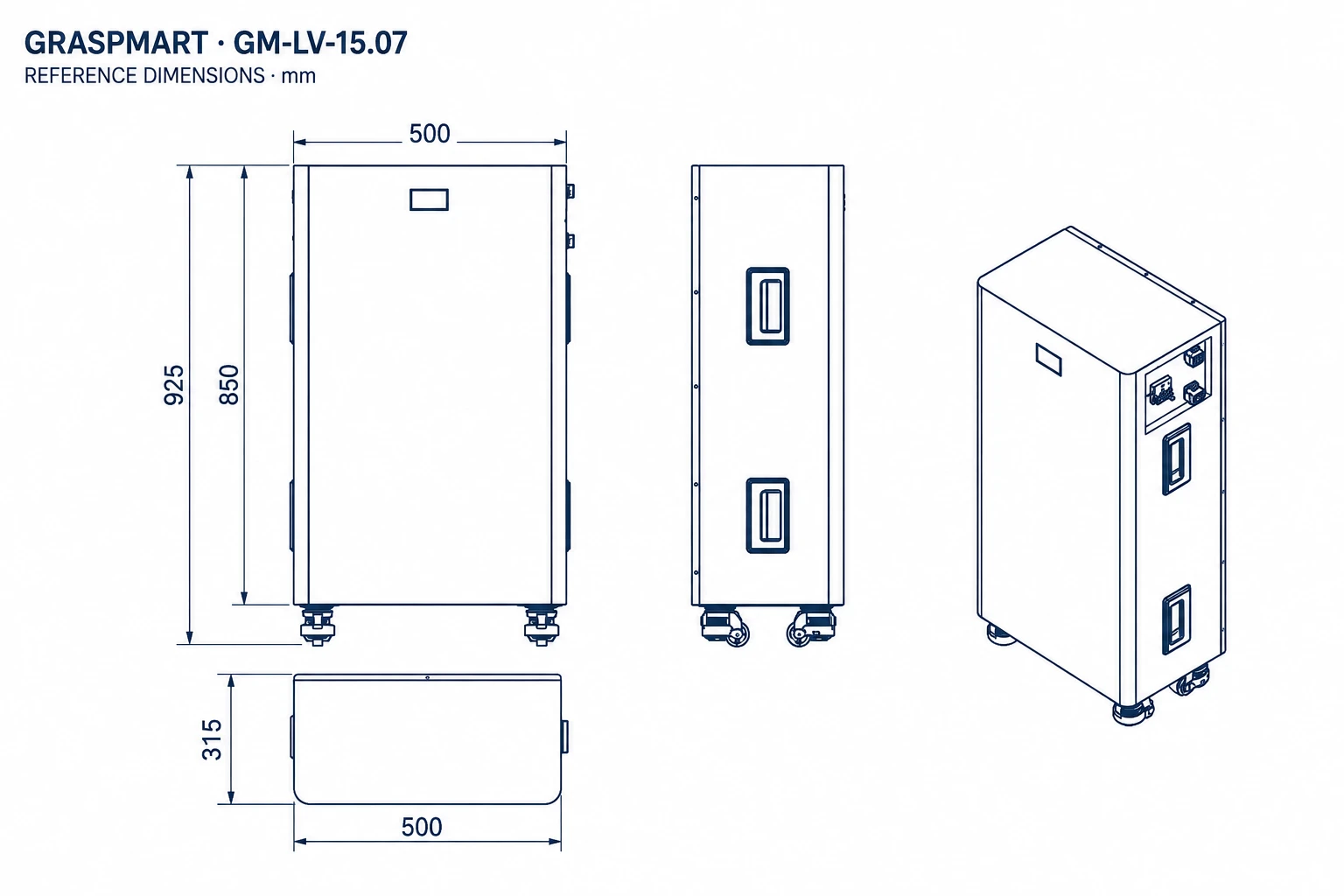 Graspmart 15.07 kWh floor-standing battery dimensions 925 by 500 by 315 millimetres
