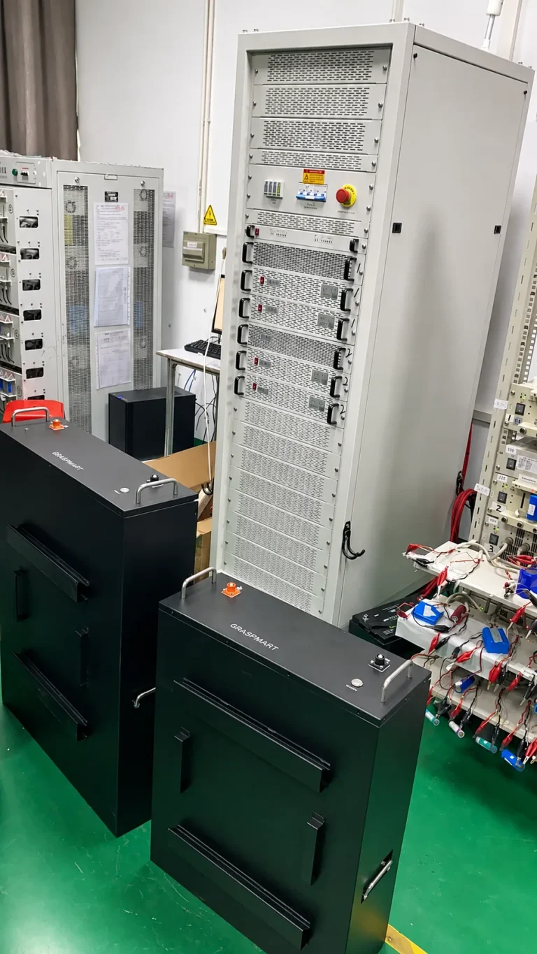 Graspmart floor-standing residential battery packs connected to electrical test equipment