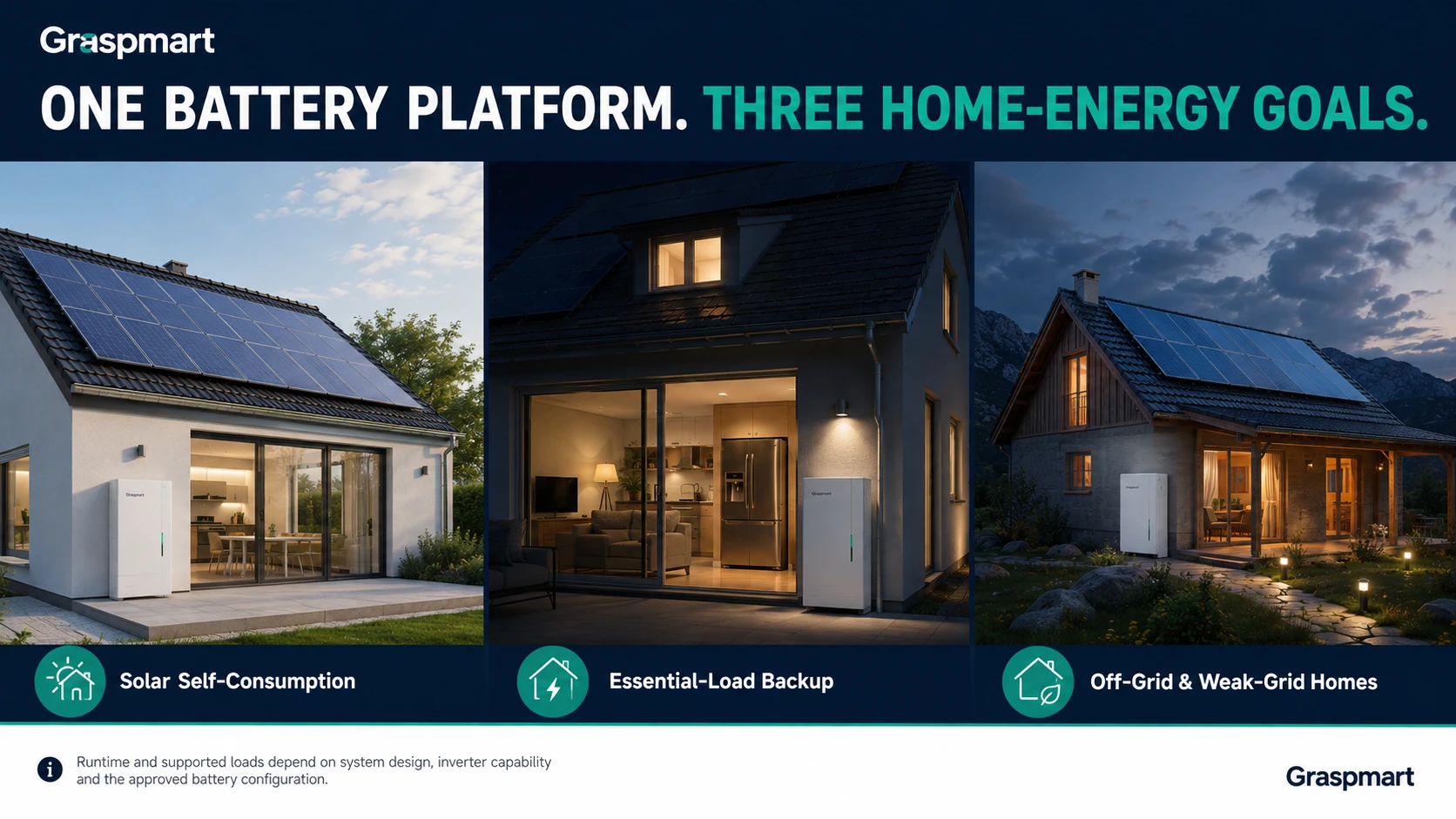 Home battery applications including solar self-consumption and backup