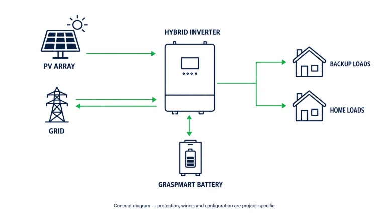 Residential energy storage system diagram connecting PV array grid hybrid inverter Graspmart battery and home loads