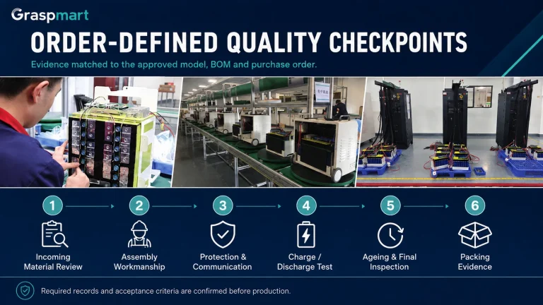 Order-defined residential battery quality checkpoints from incoming material review through packing evidence
